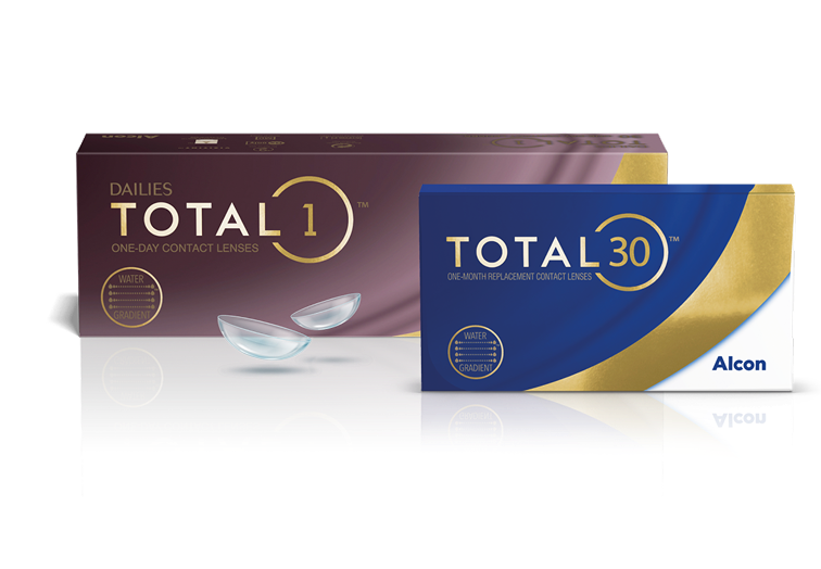 Imagen de las cajas de producto de la familia de lentes de contacto de día Total con Dailies Total1, Dailies Total1 multifocal y Dailies Total1 para astigmatismo, así como lentes de contacto mensualesTotal30 y Total 30 para astigmatismo de Alcon.