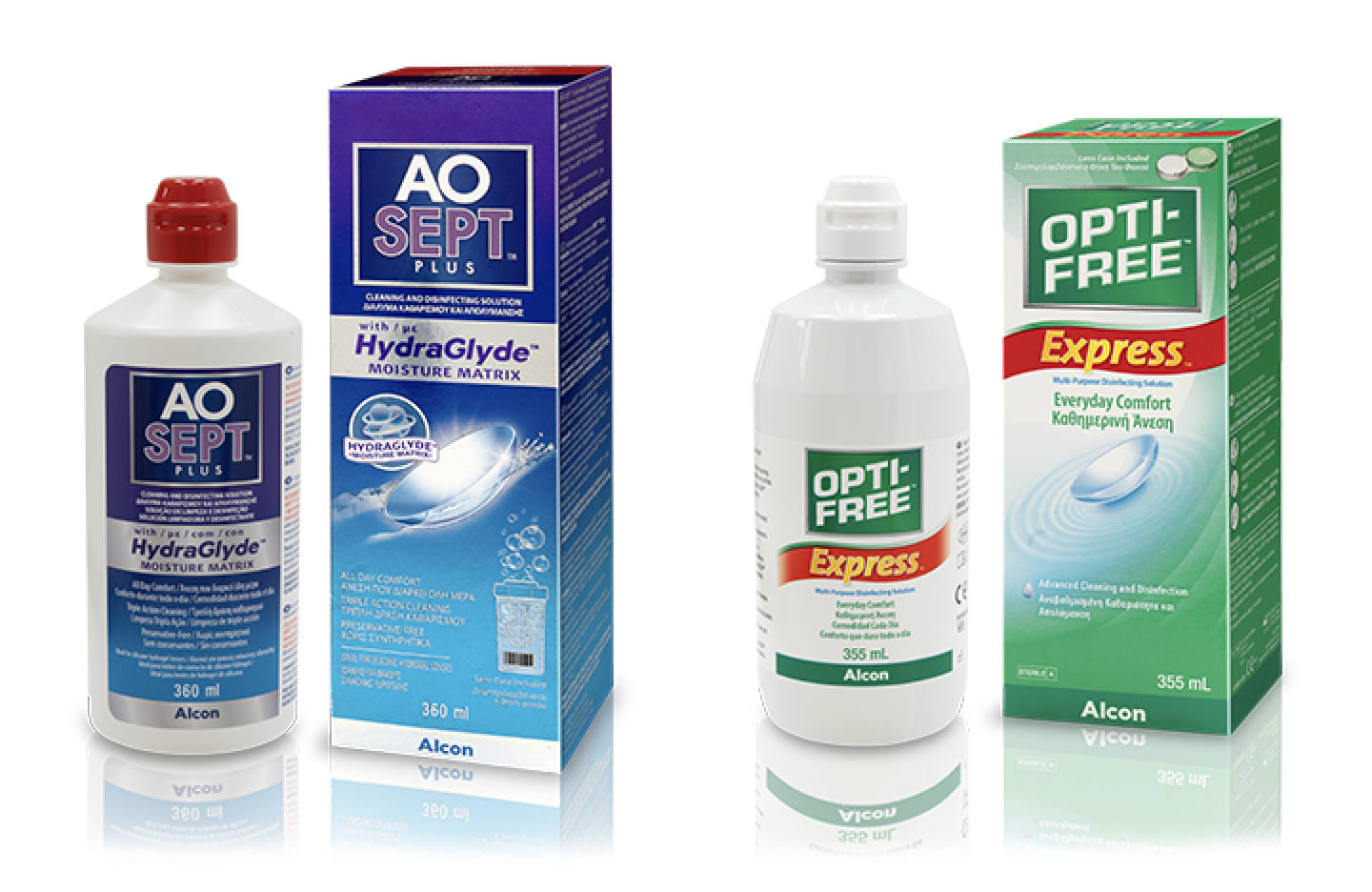 Product boxes and bottles for AOSept Plus HydraGlyde and Opti-free Puremoist contact lens solutions by Alcon
