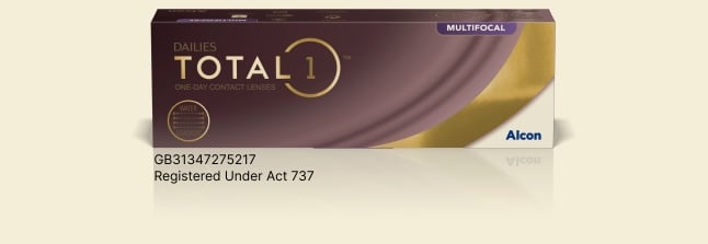Product box for Dailies Total1 Multifocal One-Day Contact Lenses from Alcon