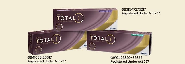 Product box shots for Dailies Total1 and Dailies Total1 Multifocal daily disposable contact lenses from Alcon