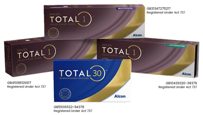 Product boxes for Total30 monthly contact lenses and Dailies Total1 daily, multifocal for astigmatism one-day contact lenses