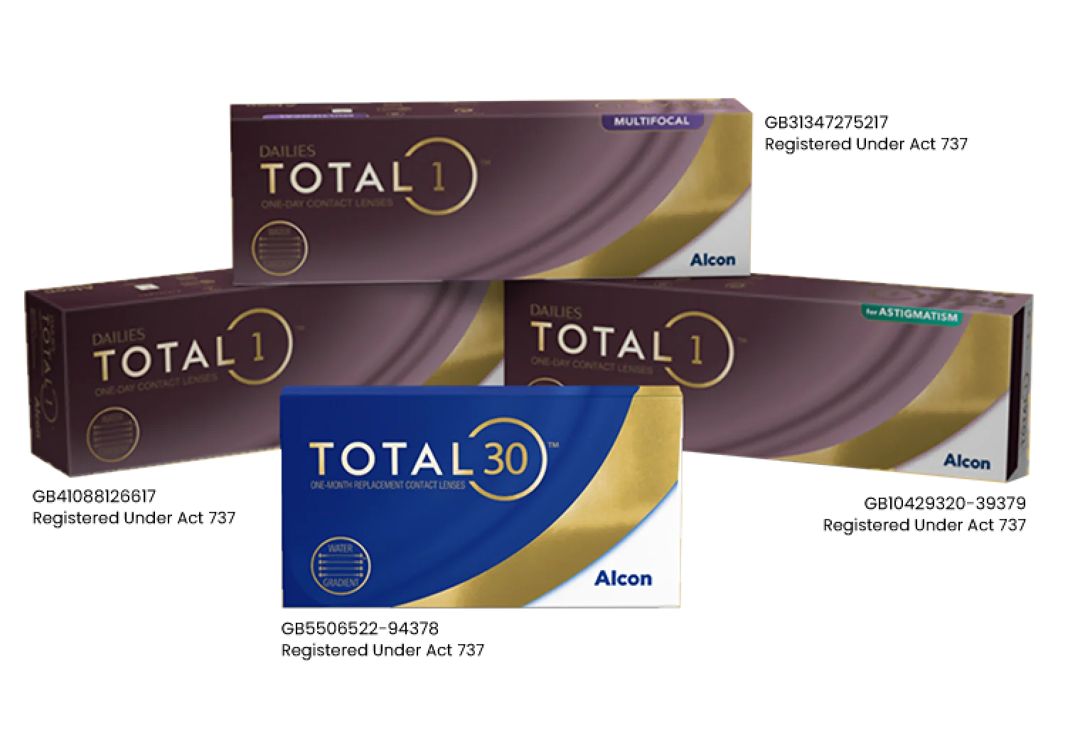 Product boxes for Total30 monthly contact lenses and Dailies Total1 daily, multifocal for astigmatism one-day contact lenses