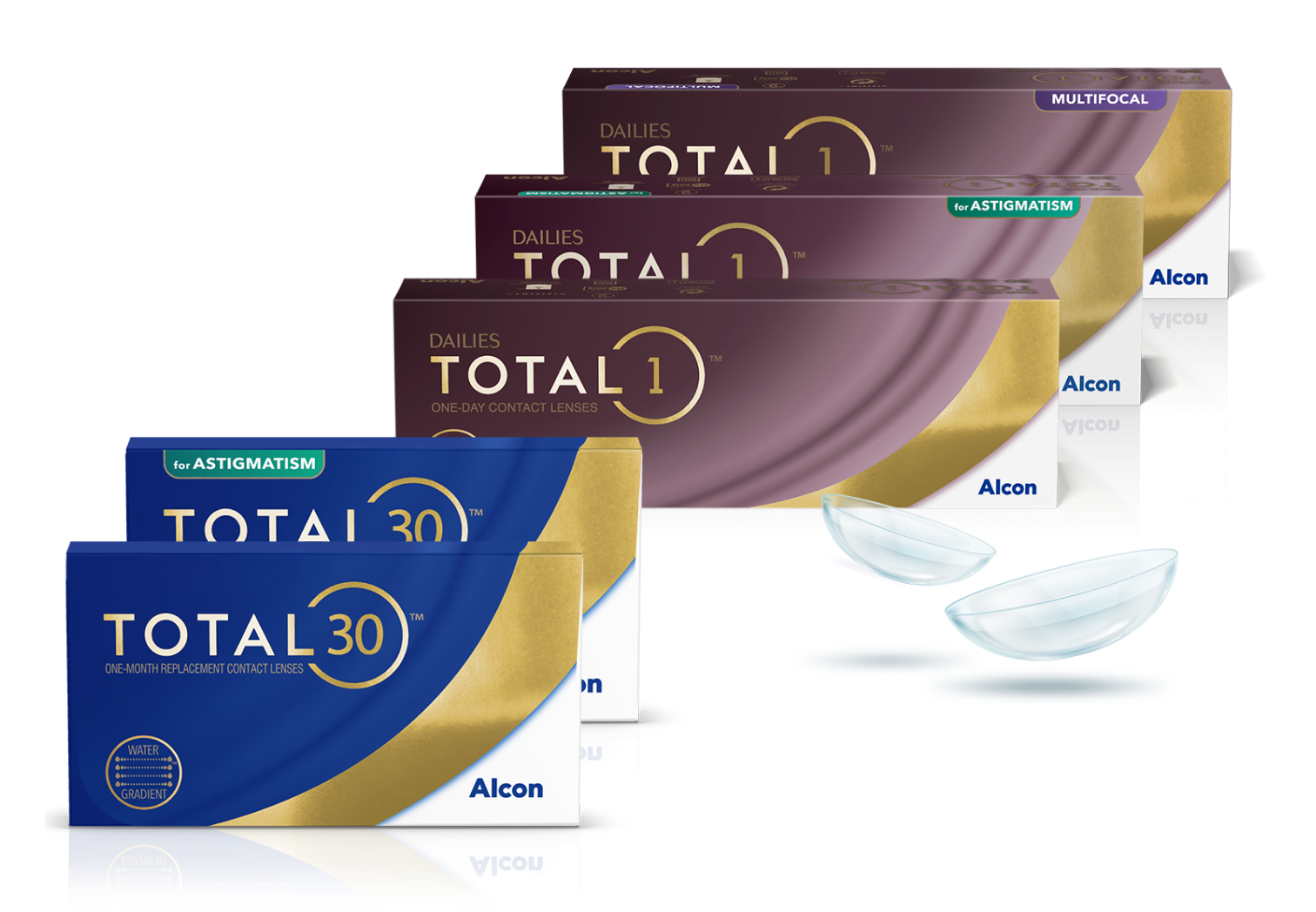 Imagen de las cajas de producto de la familia de lentes de contacto de día Total con Dailies Total1, Dailies Total1 multifocal y Dailies Total1 para astigmatismo, así como lentes de contacto mensualesTotal30 y Total 30 para astigmatismo de Alcon.