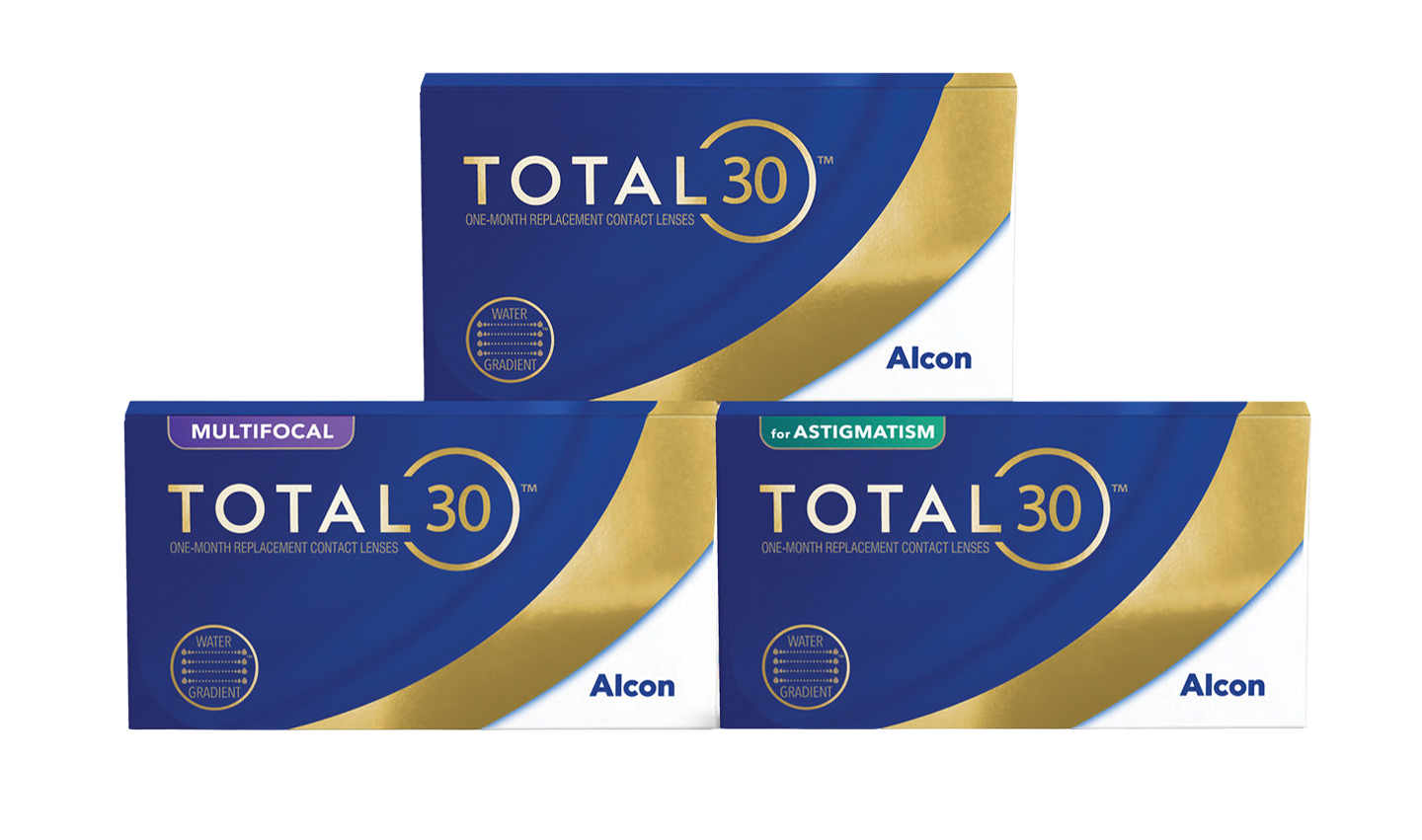 Product boxes for Total30 for Astigmatism, Total30 Multifocal,  and Total30 monthly replacement contact lenses by Alcon