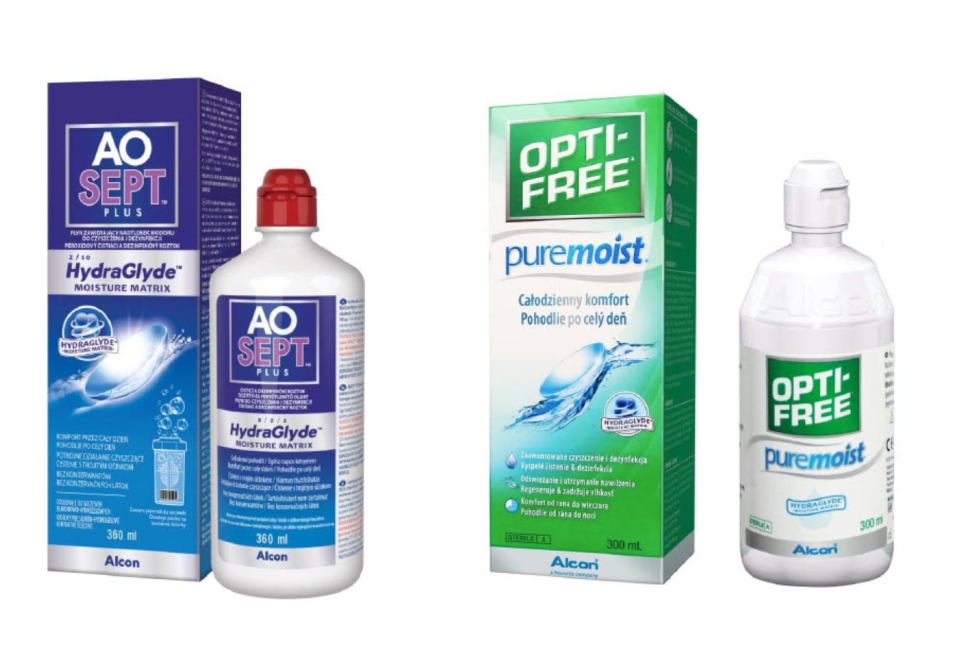 Produktová krabička a fľaštička AO Sept a Opti-free Puremoist - roztoky pre kontaktné šošovky od Alconu