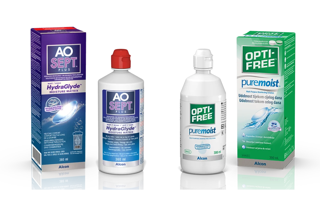 Продуктови опаковки и бутилки на разтвори за контактни лещи AOSept Plus HydraGlyde и Opti-free Express от Alcon