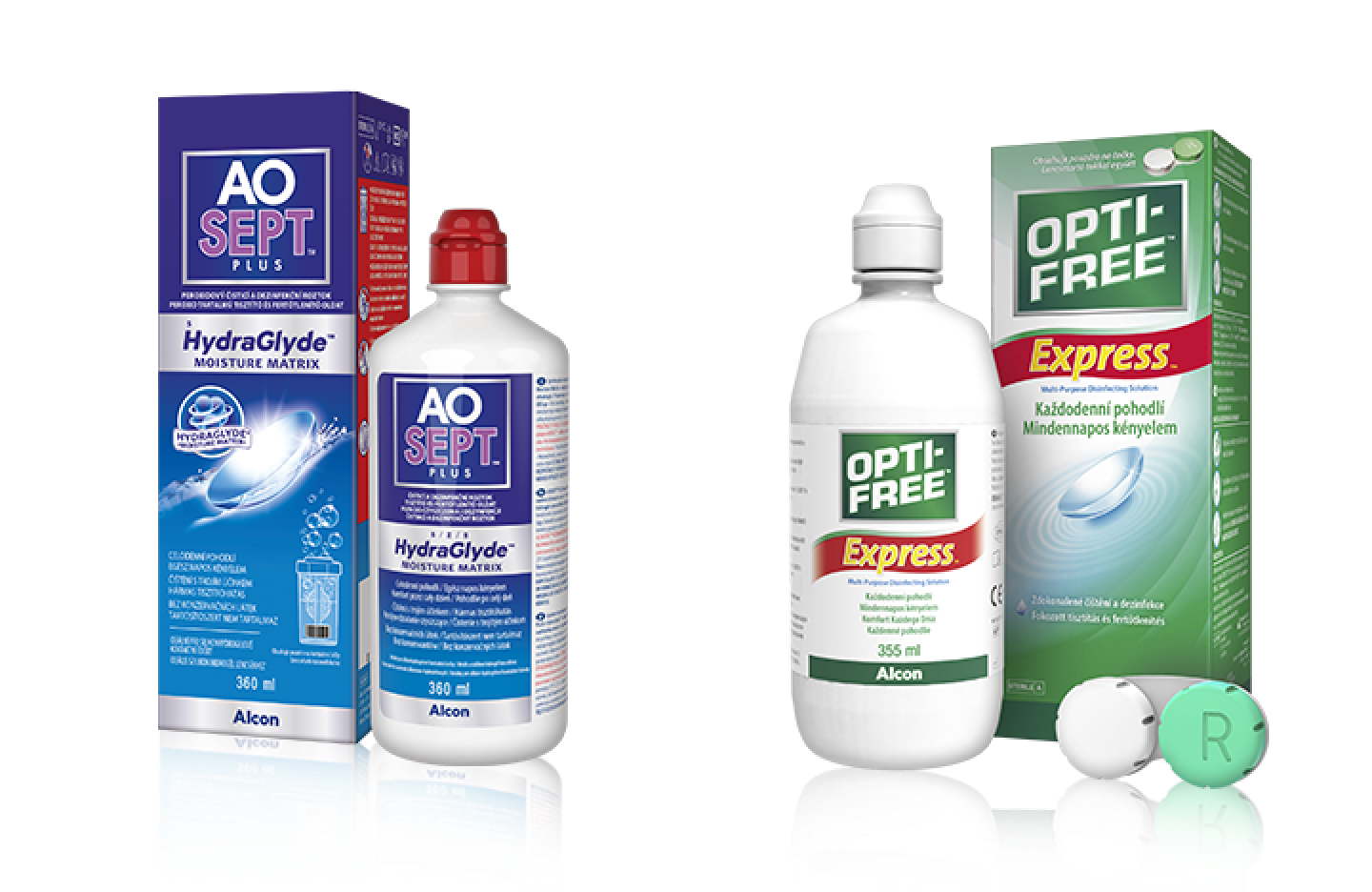 Produktová krabička a fľaštička AO Sept a Opti-free Express - roztoky pre kontaktné šošovky od Alconu