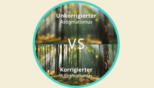 Unscharfe Ansicht des Waldes mit Astigmatismus im Vergleich zur klaren und scharfen Ansicht des Waldes mit korrigiertem Astigmatismus