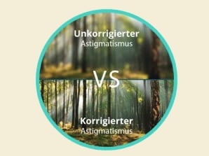 Unscharfe Ansicht des Waldes mit Astigmatismus im Vergleich zur klaren und scharfen Ansicht des Waldes mit korrigiertem Astigmatismus