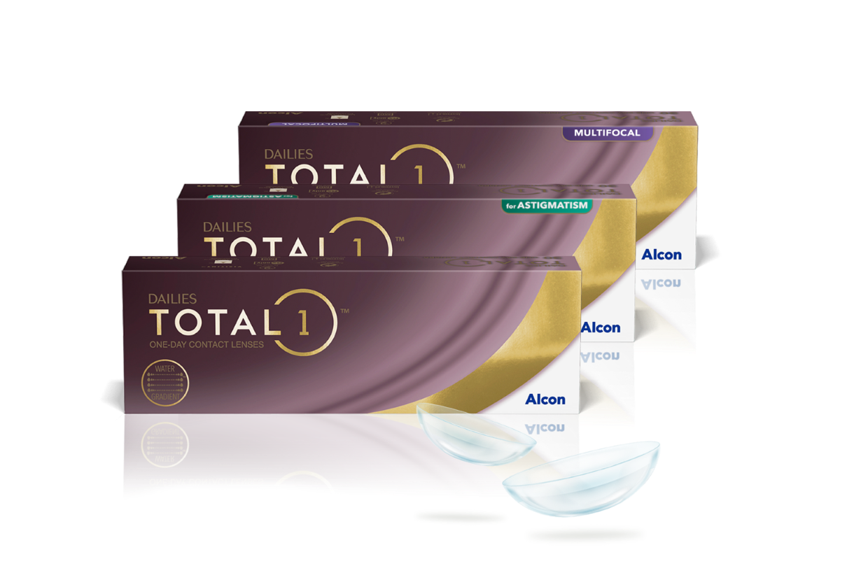 Product boxes for Dailies Total1, Dailies Total1 Multifocal, and Dailies Total1 for Astigmatism daily contact lenses