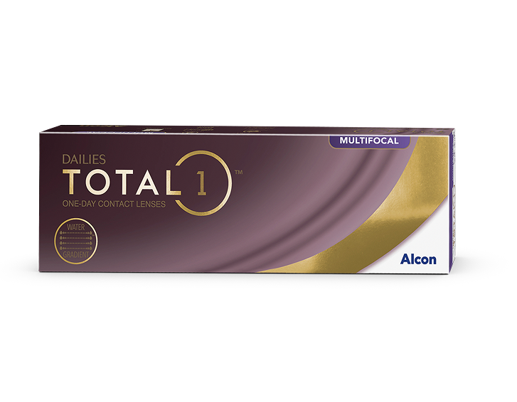Caja de producto de lentes de contacto diarias desechables Dailies Total1 multifocales flotando entre las nubes