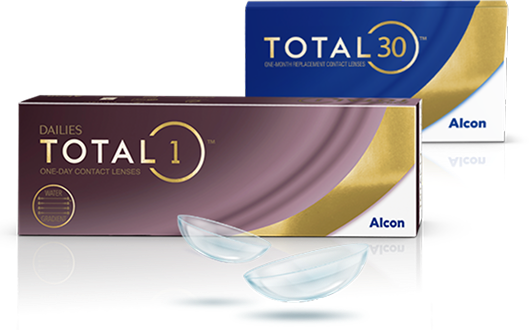 Produktové krabičky denních kontaktních čoček Dailies Total1 a měsíčních kontaktních čoček Total30