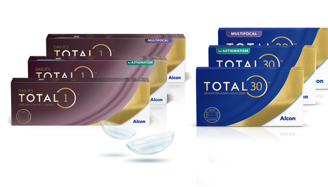 Family contact lens product box shots for the brand, Total, including Dailies Total1 daily lenses, Dailies Total1 Multifocal, Dailies Total1 for Astigmatism, Total30, Total30 Multifocal, and Total30 for Astigmatism monthly contact lenses