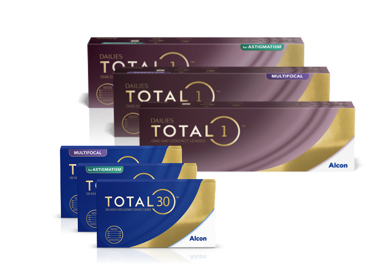 Family contact lens product box shots for the brand, Total, including Dailies Total1 daily lenses, Dailies Total1 Multifocal, Dailies Total1 for Astigmatism, Total30, Total30 Multifocal, and Total30 for Astigmatism monthly contact lenses