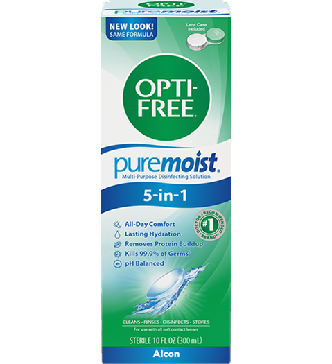 OPTI-FREE Puremoist 5-in-1 Multi-Purpose Disinfecting Solution box with Alcon logo