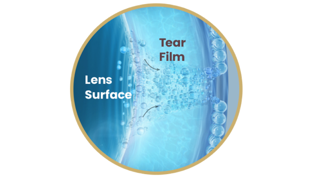 Close up image of lens surface releasing natural ingredient into lipid layer of tear film