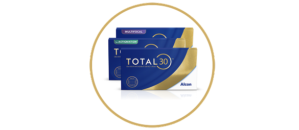 Box con confezioni di lenti a contatto mensili Total30, TOTAL30 for Astigmatism e Total30 multifocal