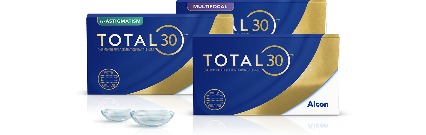 Embalagem de lentes de contacto de substituição mensal Total30 for Astigmatism, Total30 da Alcon e Total30 Multifocais