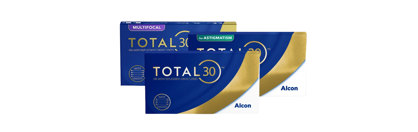 Produktové krabičky pro Total30 for Astigmatism, Total30 Multifocal a Total30 měsíční vyměnitelné kontaktní čočky od Alconu