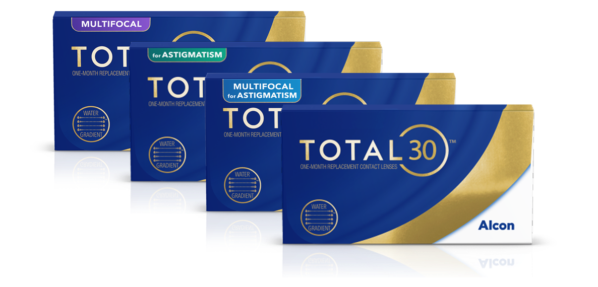 Total30 contact lenses product boxes for Total30 for Astigmatism and Total30 monthly lenses