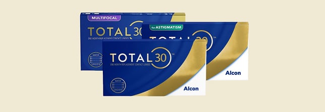 Produktová krabička pro čočky Total30, Total30 for Astigmatism a Total30 Multifocal měsíční vyměnitelné kontaktní čočky