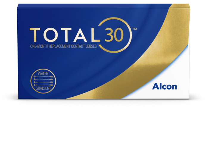 Confezione di lenti a contatto mensili TOTAL30 di Alcon, con tecnologia a gradiente d’acqua.