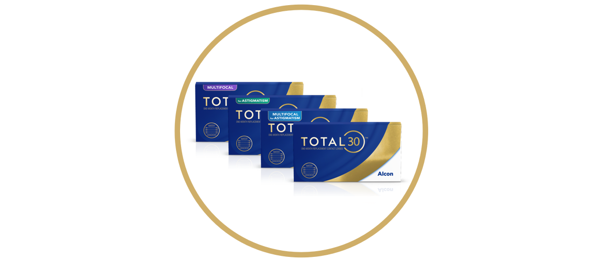 Product boxes for Total30 for Astigmatism and Total30 monthly contact lenses by Alcon