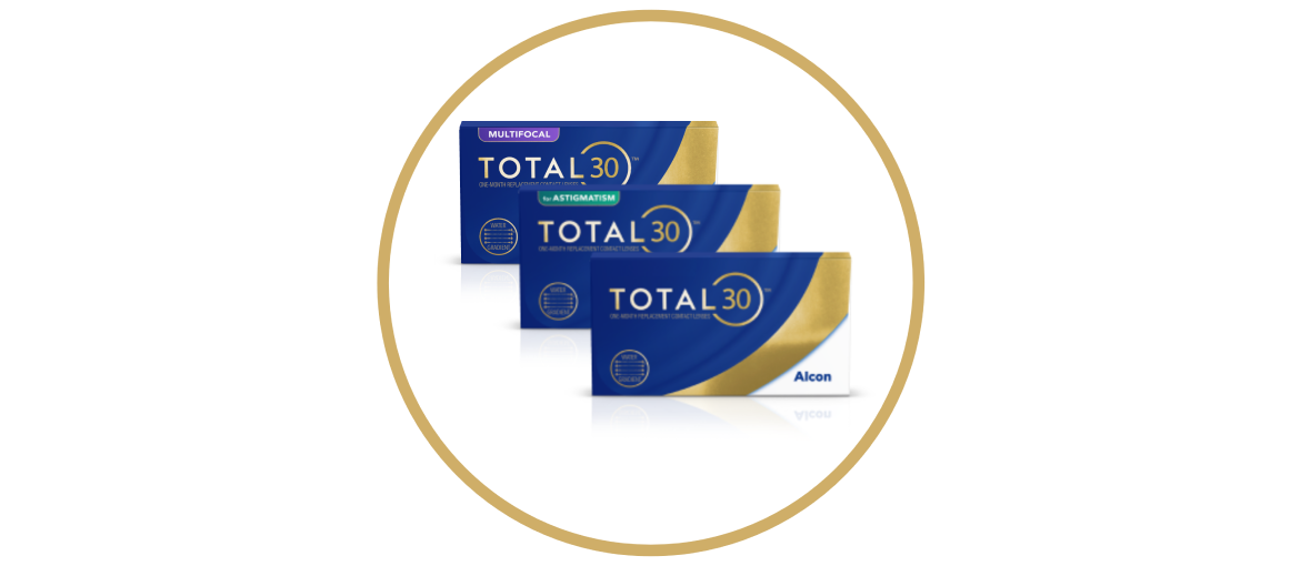Product boxes for Total30 for Astigmatism and Total30 monthly contact lenses by Alcon