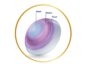 Precision Profile diagram egy multifokális kontaktlencsét ábrázol a szemgolyón, a belső és külső gyűrűk feliratozásával: közeli, köztes és távoli látás zónáira való átmenetekkel