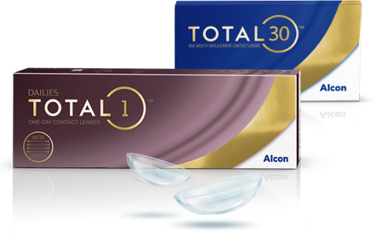 Produktové krabičky denných kontaktných šošoviek Dailies Total1 a mesačných kontaktných šošoviek Total30.