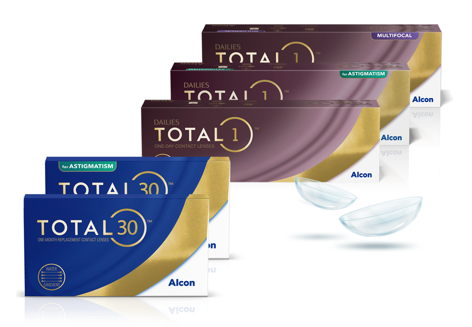 Produktové krabičky z rodiny kontaktných šošoviek Total zahrňujúce denné šošovky Dailies Total1, Dailies Total1 Multifocal, Dailies Total1 for Astigmatism a mesačné kontaktné šošovky Total30 a Total30 for Astigmatism.