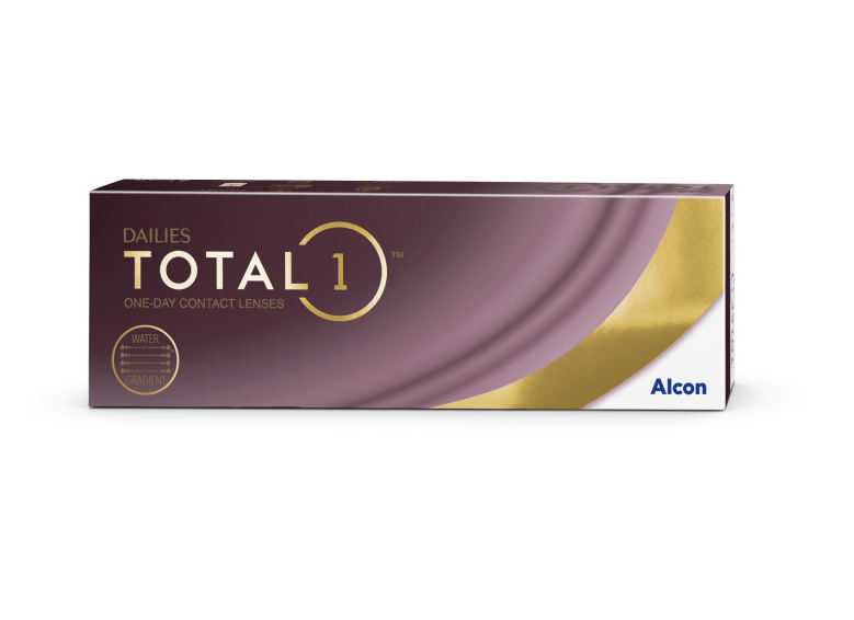 Dailies Total1 denné jednorazové kontaktné šošovky, produktová krabička na farebnom pozadí s obláčikmi