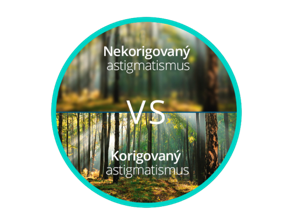 Rozmazaný pohľad na les s astigmatizmom v porovnaní s jasným a zaostreným pohľadom na les s korigovaným astigmatizmom