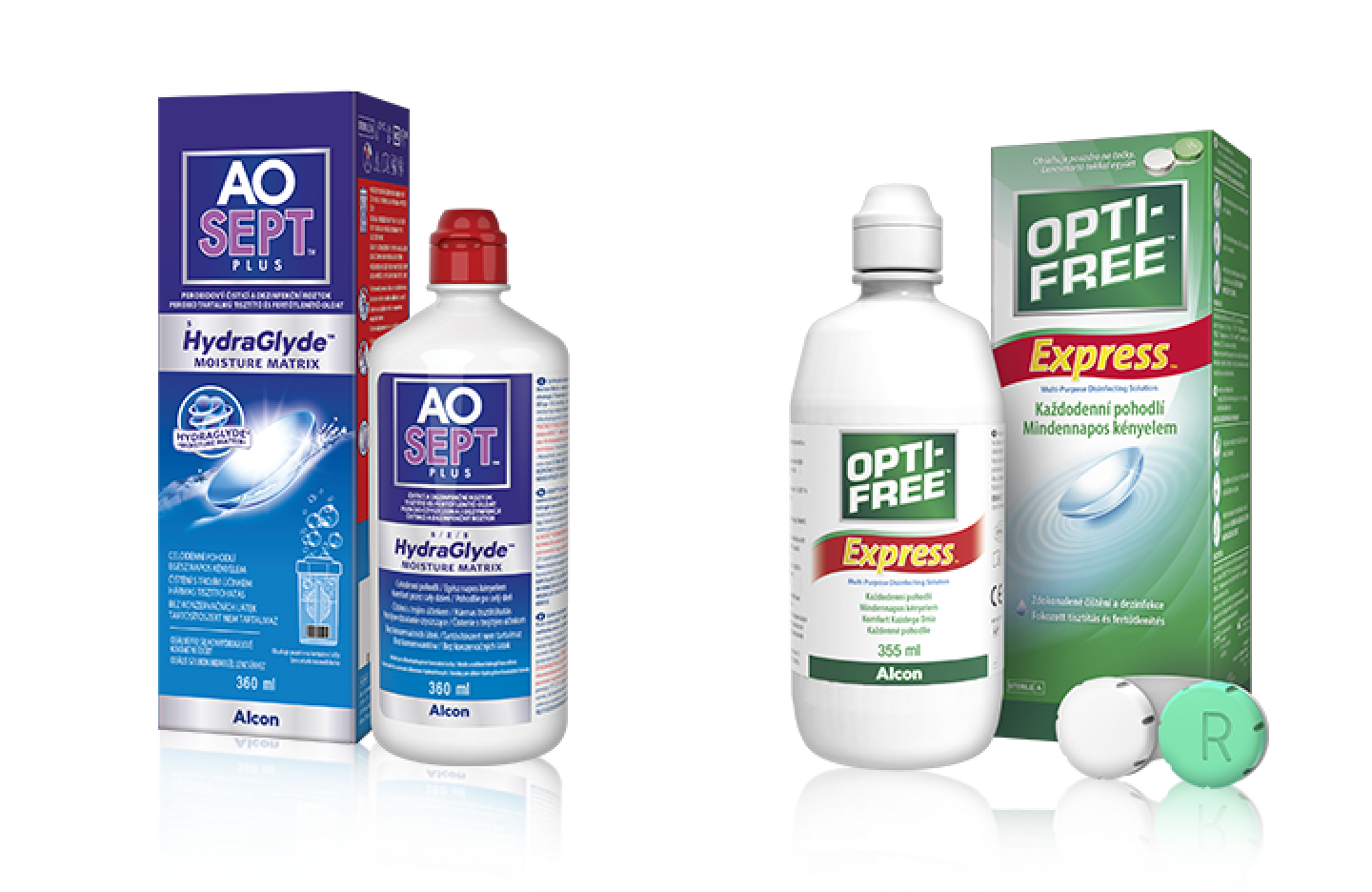 Produktová krabička a fľaštička AO Sept a Opti-free Express - roztoky pre kontaktné šošovky od Alconu