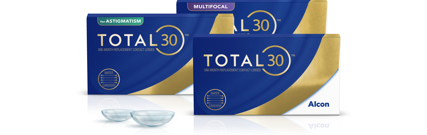Produktové krabičky pre Total30 for Astigmatism, Total30 Multifocal a Total30 mesačné jednorazové kontaktné šošovky od Alconu