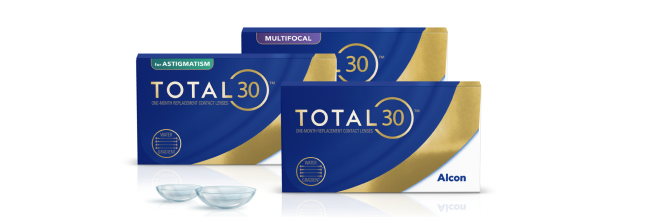 Produktová krabička pre šošovky Total30, Total30 Multifocal a Total30 for Astigmatism mesačné jednorazové kontaktné šošovky