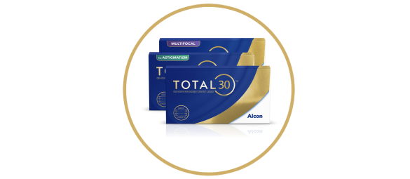 Produktové krabičky pre Total30 for Astigmatism, Total30 Multifocal a Total30 mesačné kontaktné šošovky od Alconu