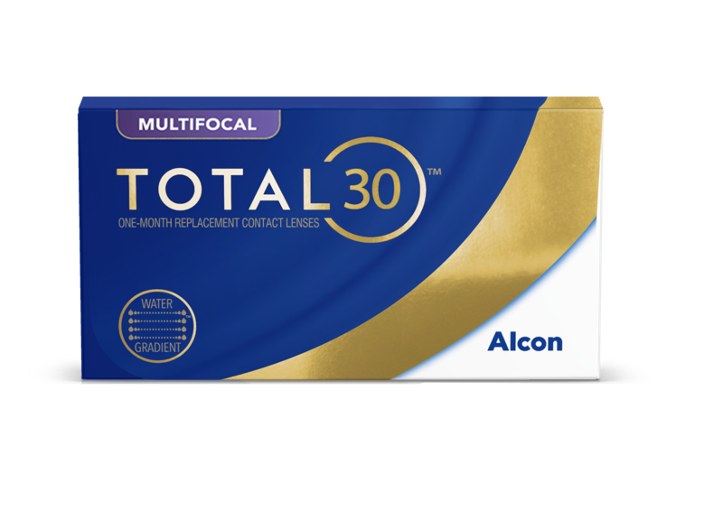 Total30 Multifocal mesačné jednorazové kontaktné šošovky, produktová krabička na pozadí s obláčikmi