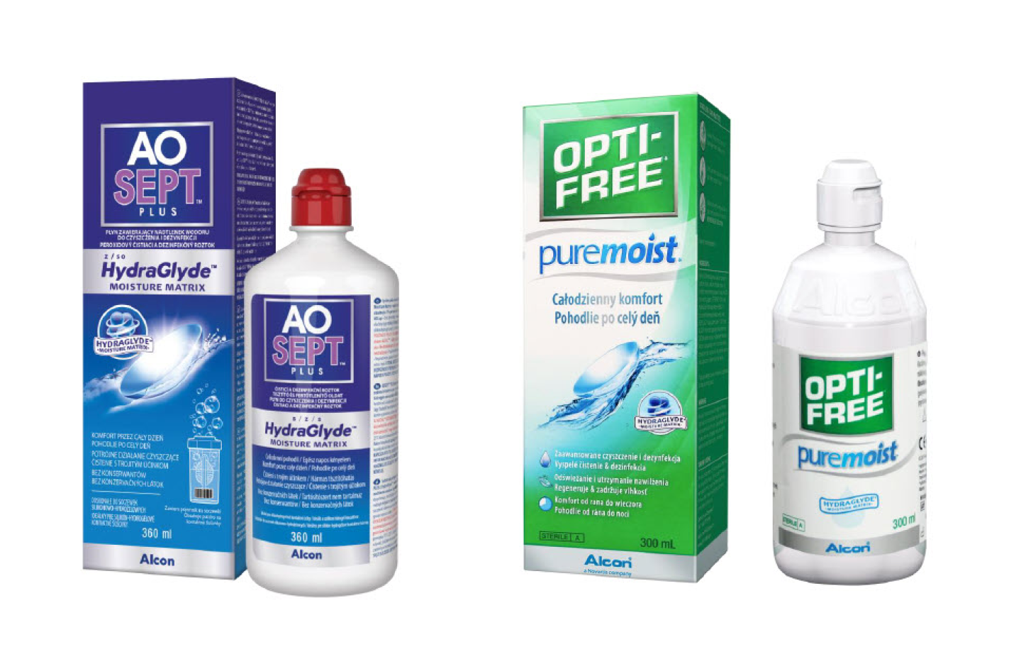 Produktová krabička a fľaštička AO Sept a Opti-free Puremoist - roztoky pre kontaktné šošovky od Alconu