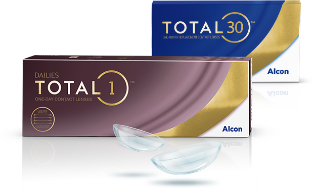 Total UK product box shots for Dailies Total1 daily and Total30 monthly contact lenses