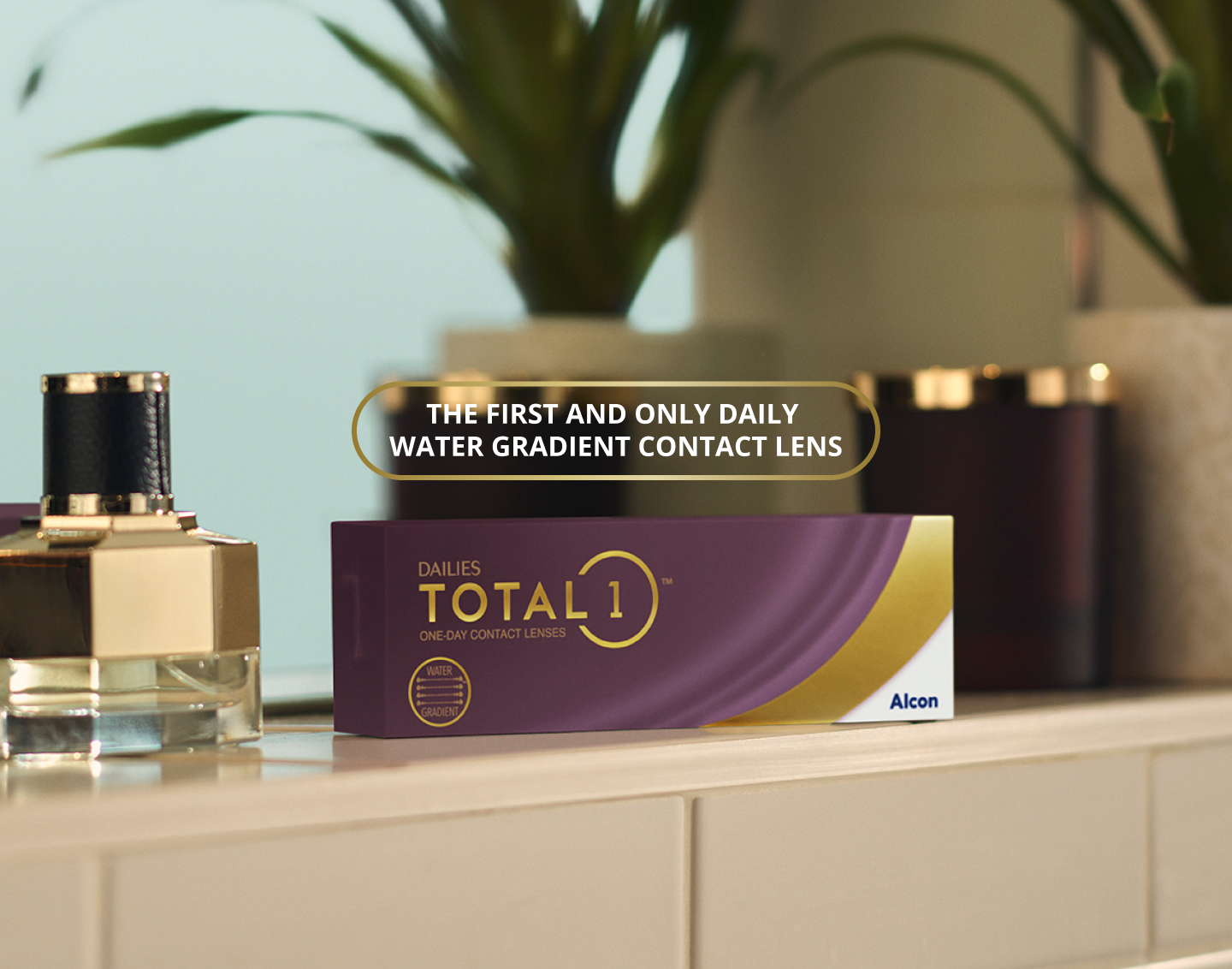 Dailies Total1 UK product box on counter, the first and only daily Water Gradient contact lens