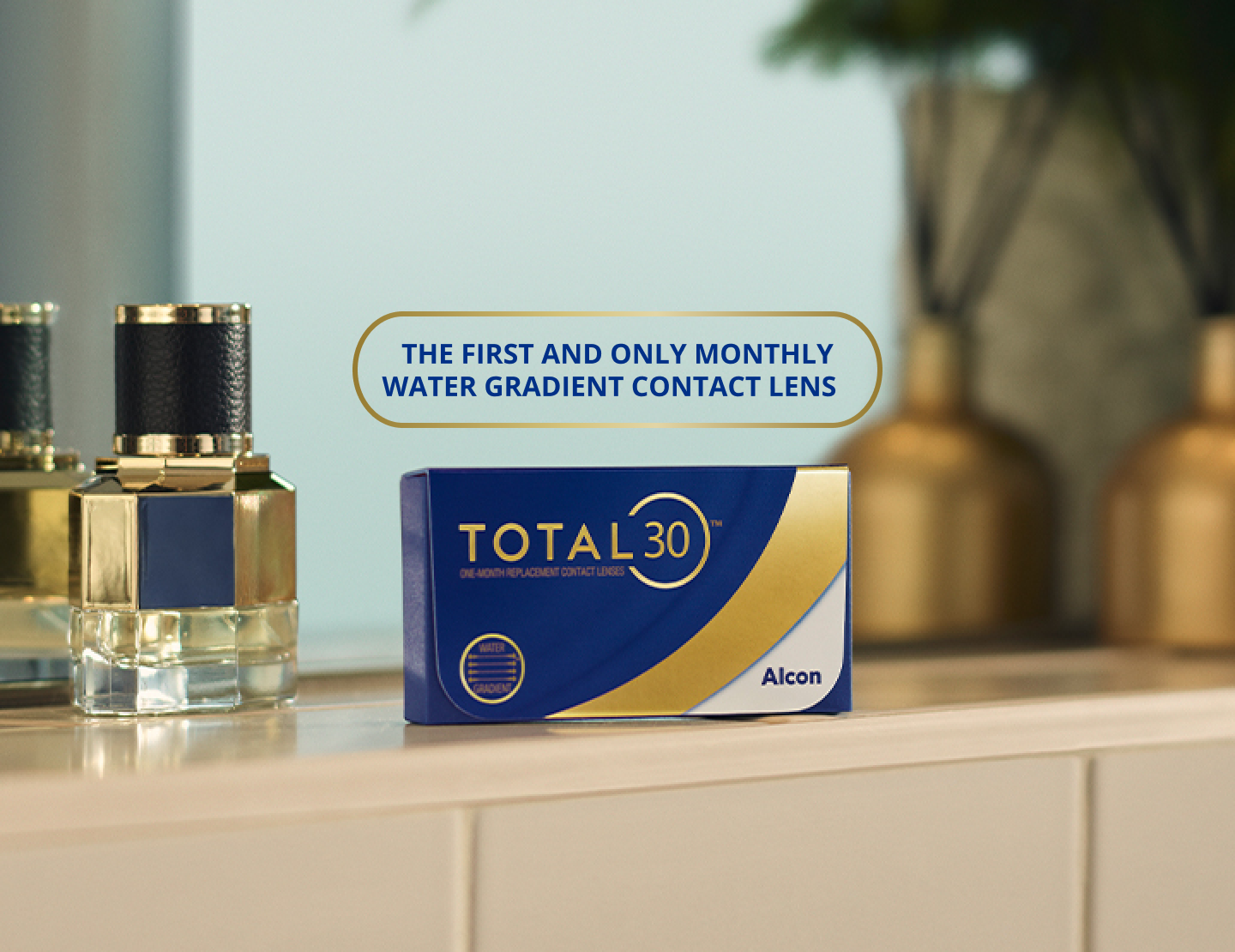 Total30 UK product box on counter, the first and only monthly Water Gradient contact lens