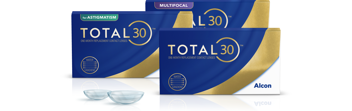 Product boxes for Total30 for Astigmatism, Total30 Multifocal,  and Total30 monthly replacement contact lenses by Alcon