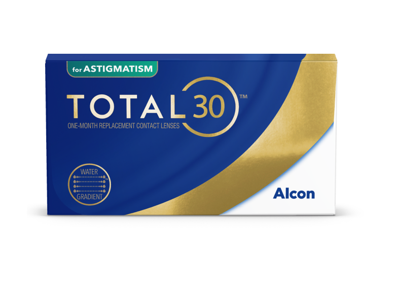 Total30 for Astigmatism monthly replacement contact lens product box by Alcon